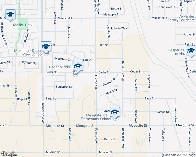 map of restaurants, bars, coffee shops, grocery stores, and more near 8452 Hoover Court in Hesperia