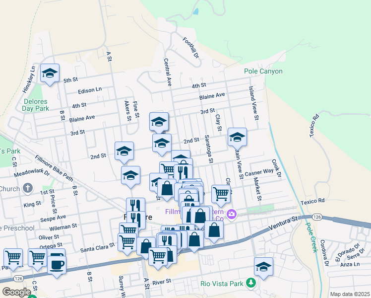 map of restaurants, bars, coffee shops, grocery stores, and more near 546 Central Avenue in Fillmore