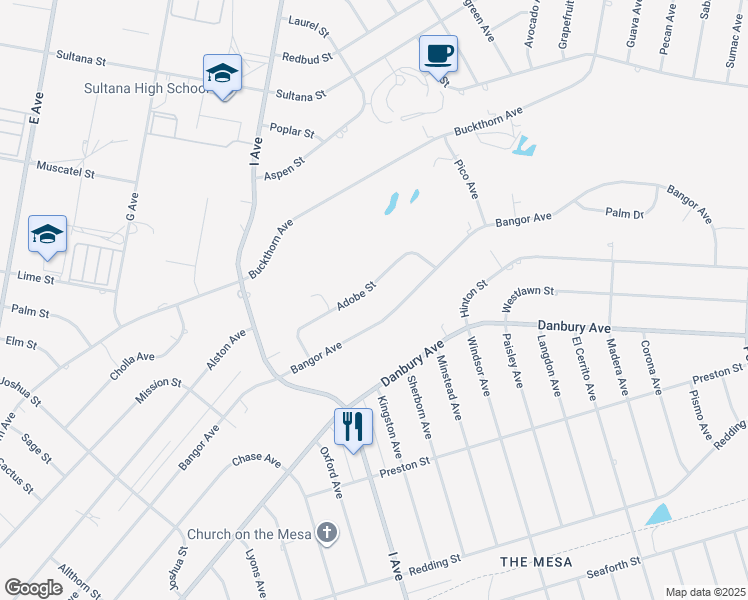 map of restaurants, bars, coffee shops, grocery stores, and more near 17539 Adobe Street in Hesperia