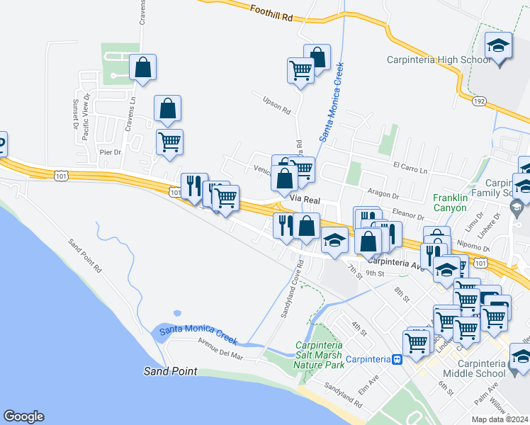 map of restaurants, bars, coffee shops, grocery stores, and more near El Camino Real in Carpinteria