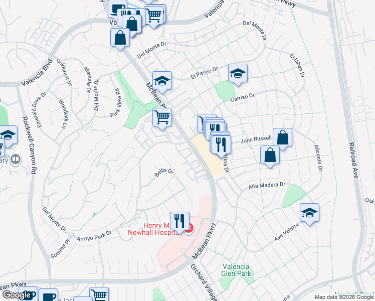 map of restaurants, bars, coffee shops, grocery stores, and more near 23930 Arroyo Park Drive in Santa Clarita