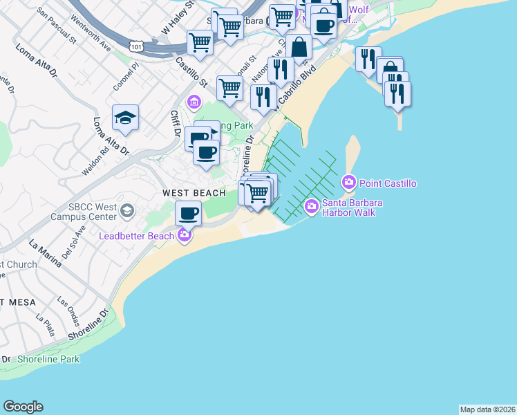 map of restaurants, bars, coffee shops, grocery stores, and more near 113 Harbor Way in Santa Barbara