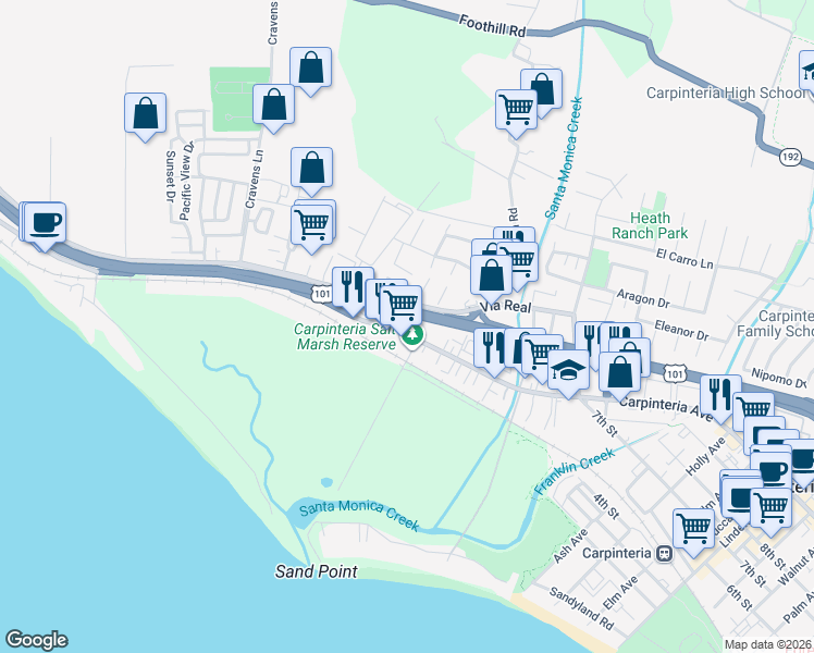 map of restaurants, bars, coffee shops, grocery stores, and more near 4228 Carpinteria Avenue in Carpinteria