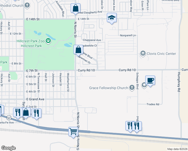 map of restaurants, bars, coffee shops, grocery stores, and more near 2510 Curry Road 10 in Clovis