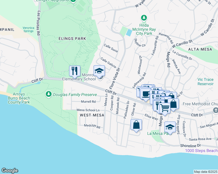 map of restaurants, bars, coffee shops, grocery stores, and more near 409 Flora Vista Dr in Santa Barbara