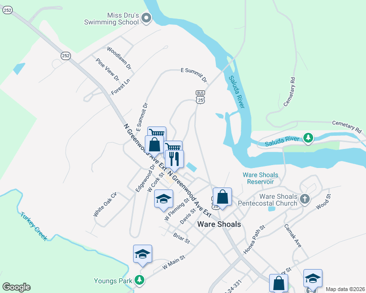 map of restaurants, bars, coffee shops, grocery stores, and more near 60 East Cork Street in Ware Shoals