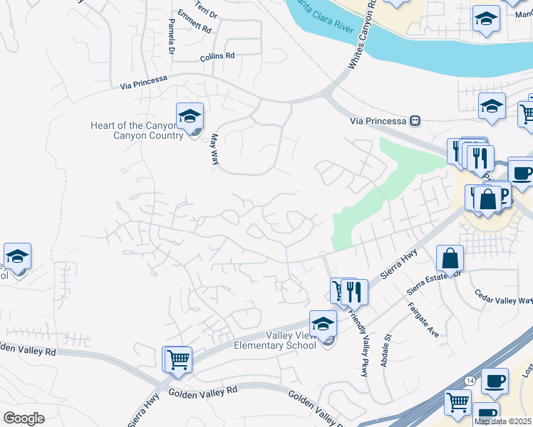 map of restaurants, bars, coffee shops, grocery stores, and more near 19593 Mallow Court in Santa Clarita