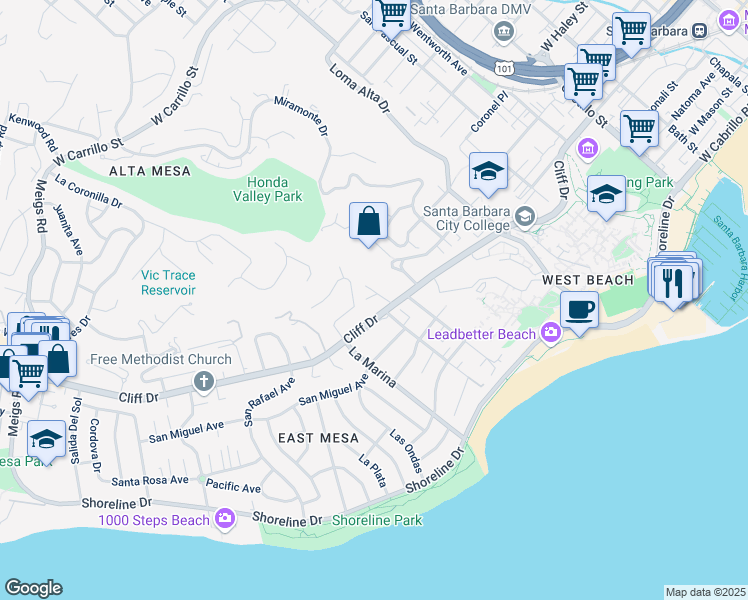map of restaurants, bars, coffee shops, grocery stores, and more near 502 La Marina in Santa Barbara