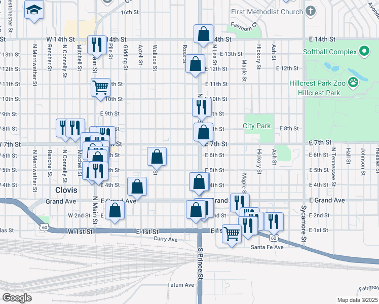 map of restaurants, bars, coffee shops, grocery stores, and more near 601 Ross Street in Clovis
