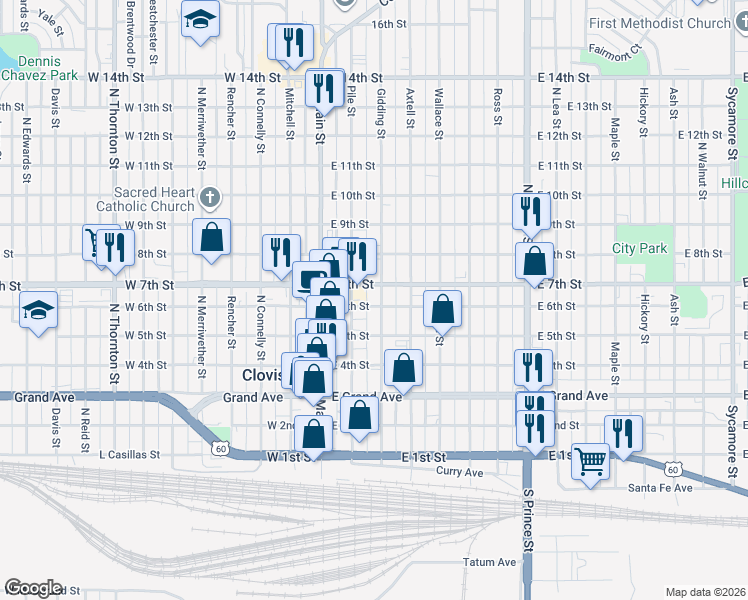 map of restaurants, bars, coffee shops, grocery stores, and more near 600 Gidding Street in Clovis