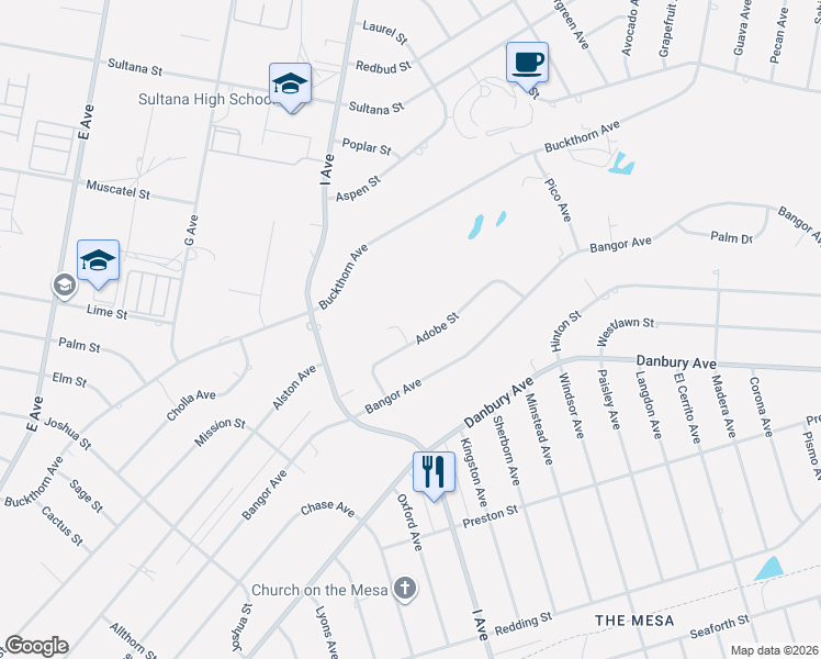 map of restaurants, bars, coffee shops, grocery stores, and more near 17474 Adobe Street in Hesperia
