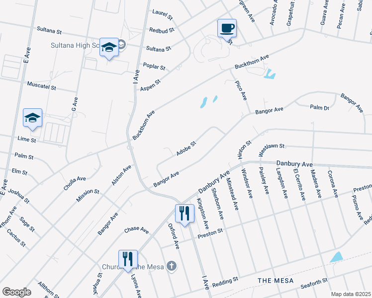 map of restaurants, bars, coffee shops, grocery stores, and more near 17525 Adobe Street in Hesperia