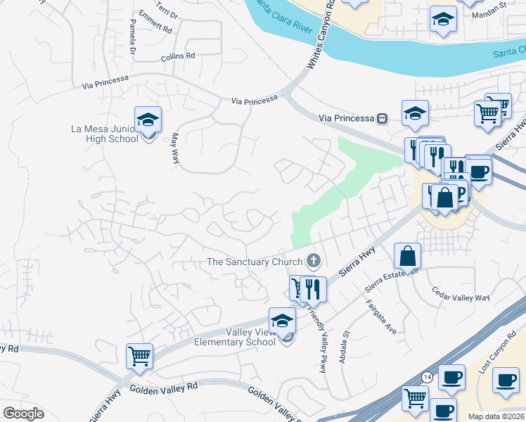 map of restaurants, bars, coffee shops, grocery stores, and more near 26562 Cardwick Court in Santa Clarita