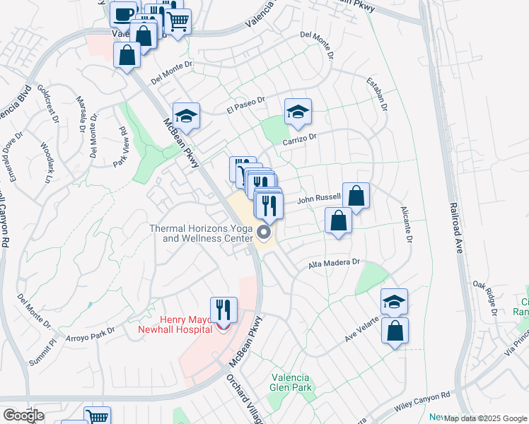 map of restaurants, bars, coffee shops, grocery stores, and more near 25902 McBean Parkway in Santa Clarita