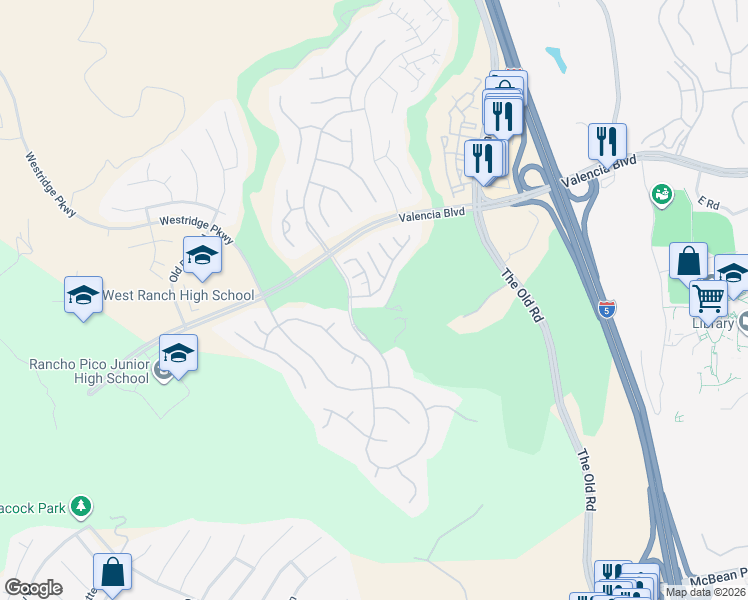 map of restaurants, bars, coffee shops, grocery stores, and more near 25632 Via Ventana in Stevenson Ranch