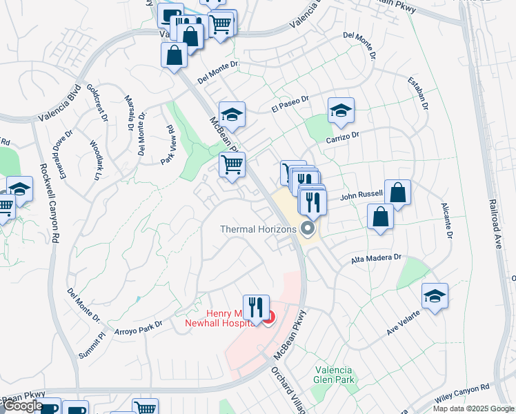 map of restaurants, bars, coffee shops, grocery stores, and more near 23930 Arroyo Park Drive in Santa Clarita