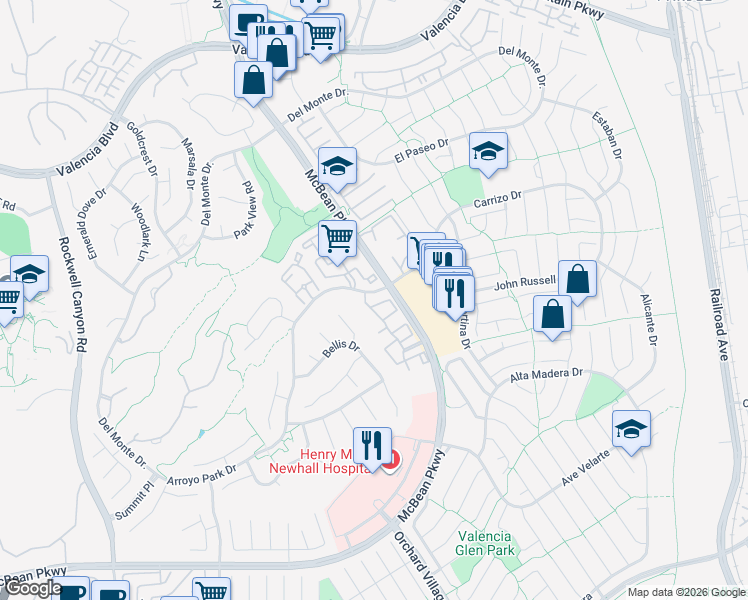 map of restaurants, bars, coffee shops, grocery stores, and more near 23930 Arroyo Park Drive in Santa Clarita