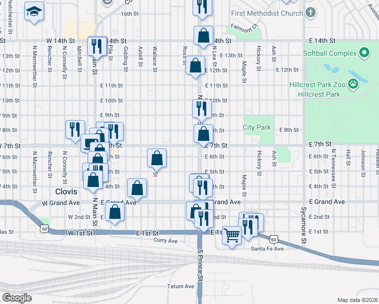 map of restaurants, bars, coffee shops, grocery stores, and more near 600 North Prince Street in Clovis