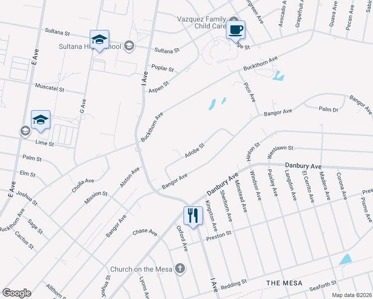 map of restaurants, bars, coffee shops, grocery stores, and more near 17474 Adobe Street in Hesperia