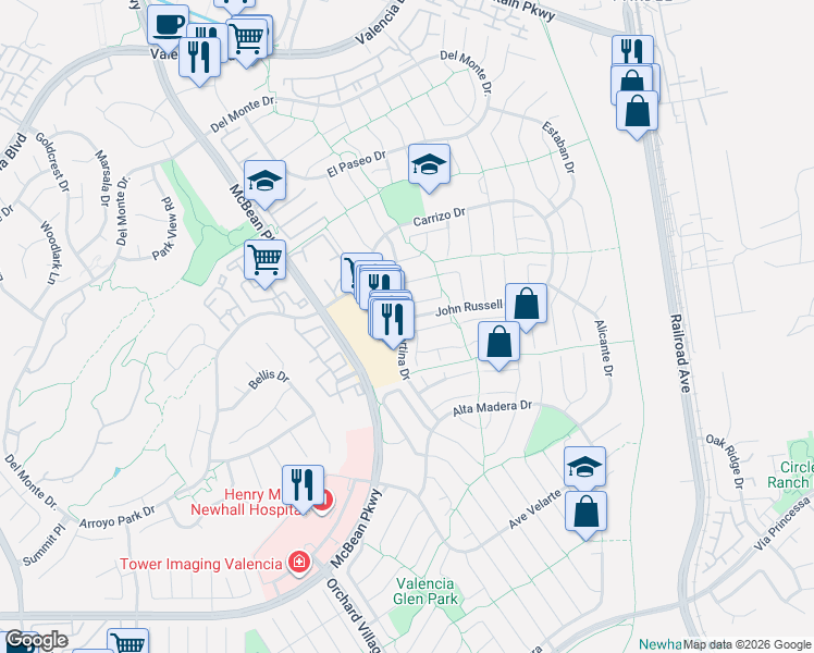 map of restaurants, bars, coffee shops, grocery stores, and more near 23640 Maricio Drive in Santa Clarita