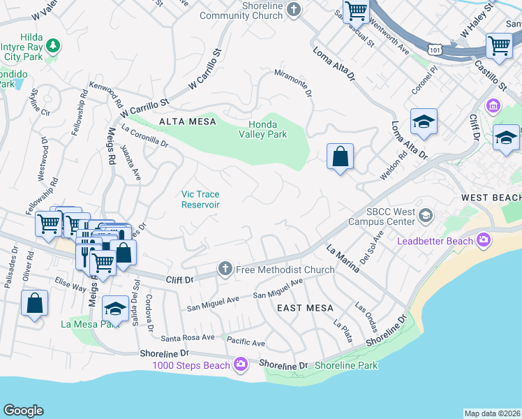 map of restaurants, bars, coffee shops, grocery stores, and more near 1177 Harbor Hills Drive in Santa Barbara