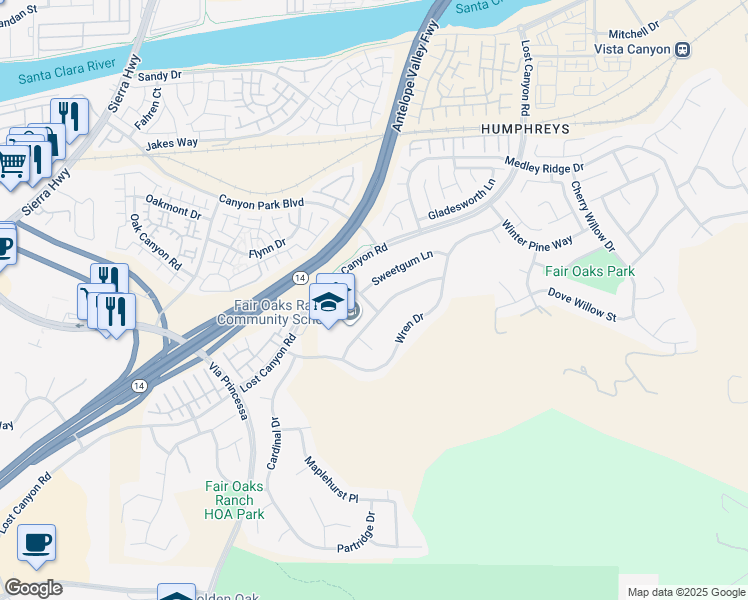map of restaurants, bars, coffee shops, grocery stores, and more near 26912 Silverbell Lane in Los Angeles County