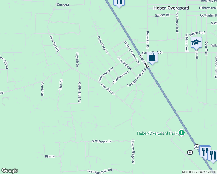 map of restaurants, bars, coffee shops, grocery stores, and more near 2019 Pinehaven Lane in Heber-Overgaard