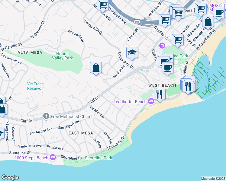 map of restaurants, bars, coffee shops, grocery stores, and more near 310 Oceano Avenue in Santa Barbara