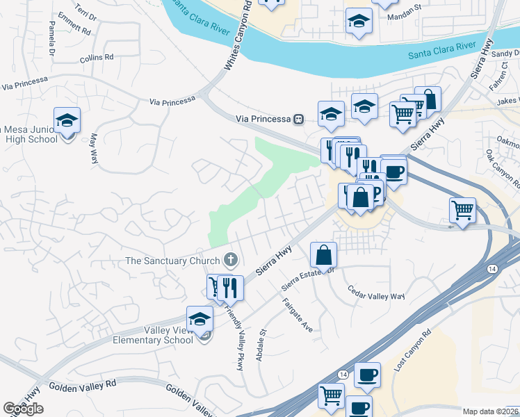 map of restaurants, bars, coffee shops, grocery stores, and more near 19115 Avenue Of The Oaks in Santa Clarita