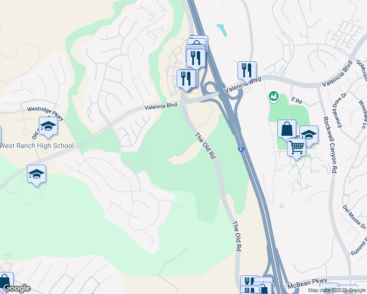 map of restaurants, bars, coffee shops, grocery stores, and more near 26615 The Old Road in Los Angeles County
