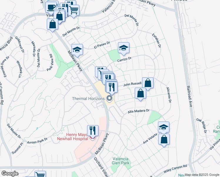 map of restaurants, bars, coffee shops, grocery stores, and more near 25902 McBean Parkway in Santa Clarita