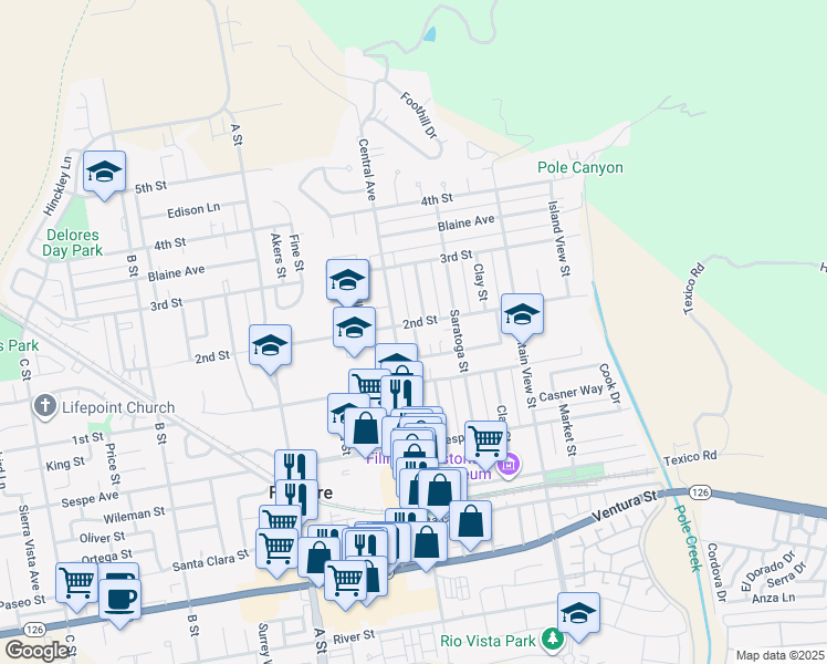 map of restaurants, bars, coffee shops, grocery stores, and more near 546 Central Avenue in Fillmore