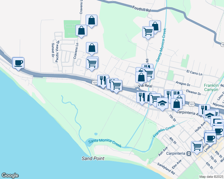 map of restaurants, bars, coffee shops, grocery stores, and more near 4228 Carpinteria Avenue in Carpinteria
