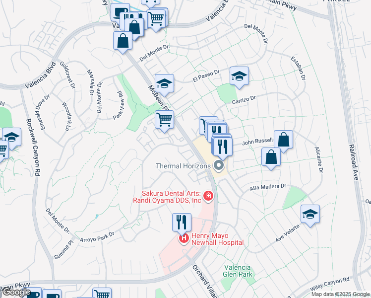 map of restaurants, bars, coffee shops, grocery stores, and more near 23922 Arroyo Park Drive in Santa Clarita