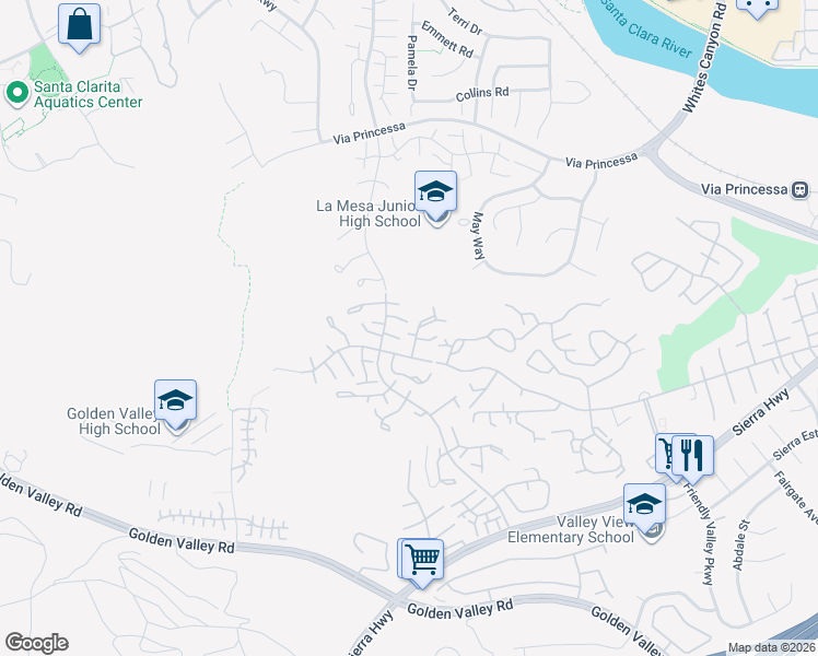 map of restaurants, bars, coffee shops, grocery stores, and more near 26326 Rainbow Glen Drive in Santa Clarita