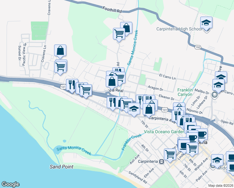 map of restaurants, bars, coffee shops, grocery stores, and more near 4405 Via Real in Carpinteria