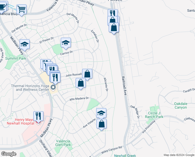 map of restaurants, bars, coffee shops, grocery stores, and more near 25685 Lupita Drive in Santa Clarita