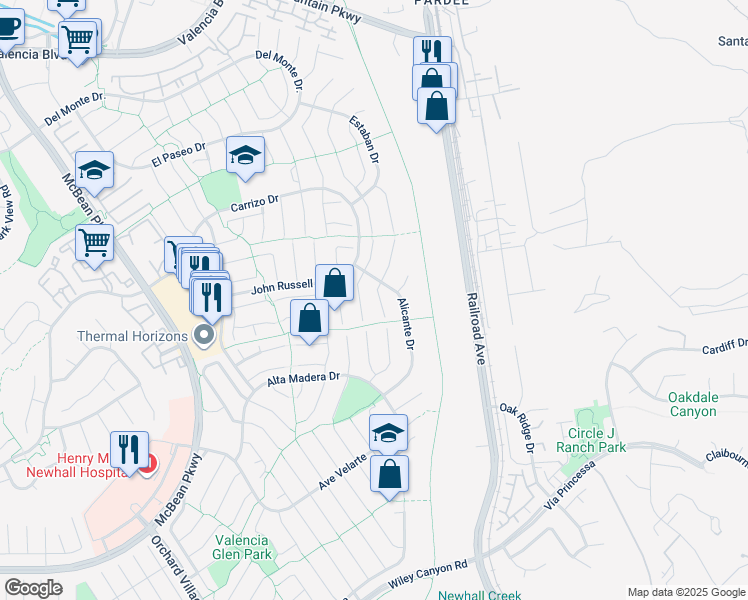 map of restaurants, bars, coffee shops, grocery stores, and more near 25685 Lupita Drive in Santa Clarita