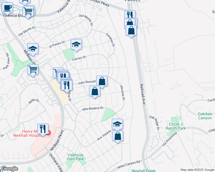 map of restaurants, bars, coffee shops, grocery stores, and more near 25701 Leticia Drive in Santa Clarita