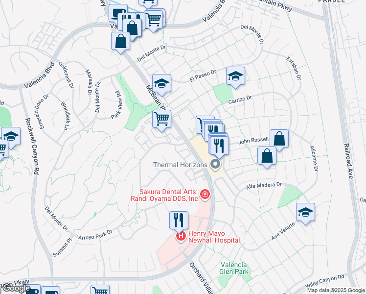 map of restaurants, bars, coffee shops, grocery stores, and more near 23922 Arroyo Park Drive in Santa Clarita