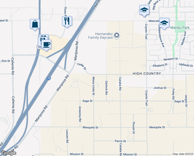 map of restaurants, bars, coffee shops, grocery stores, and more near 8485 Mesa Linda Street in Hesperia