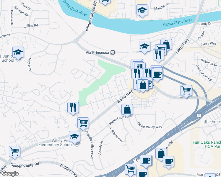 map of restaurants, bars, coffee shops, grocery stores, and more near 26756 Whispering Leaves Drive in Santa Clarita