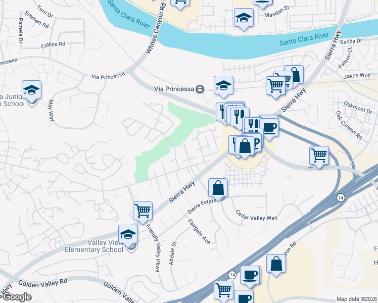 map of restaurants, bars, coffee shops, grocery stores, and more near 26766 Whispering Leaves Drive in Santa Clarita