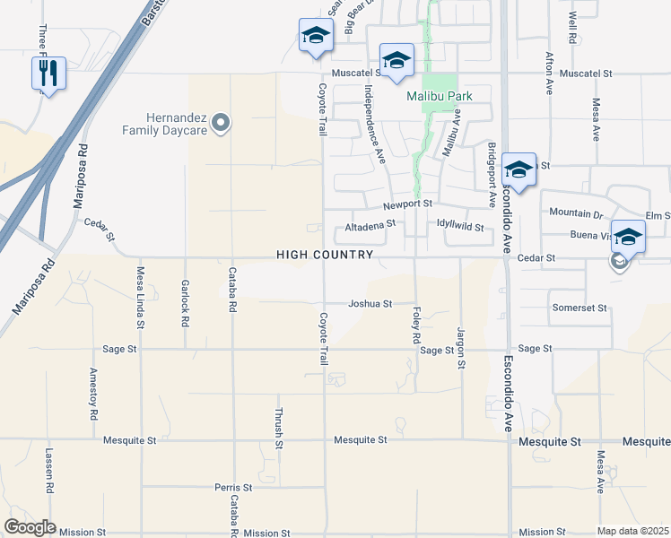 map of restaurants, bars, coffee shops, grocery stores, and more near 8475 Coyote Trail in Hesperia