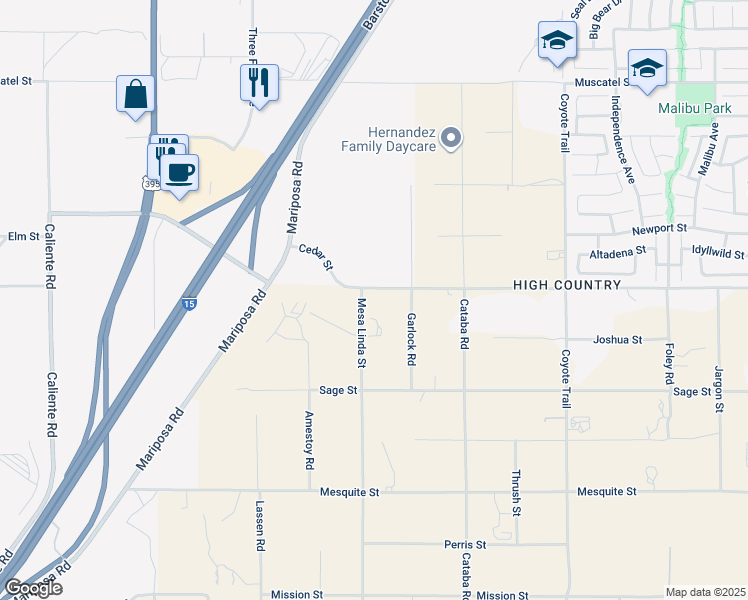 map of restaurants, bars, coffee shops, grocery stores, and more near 8485 Mesa Linda Street in Hesperia