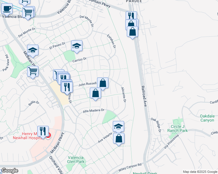 map of restaurants, bars, coffee shops, grocery stores, and more near 25701 Leticia Drive in Santa Clarita