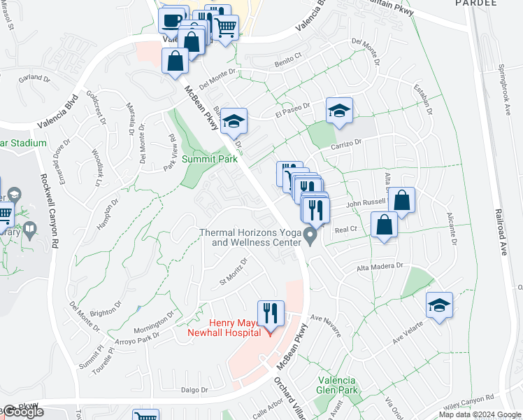map of restaurants, bars, coffee shops, grocery stores, and more near 23928 Arroyo Park Drive in Santa Clarita