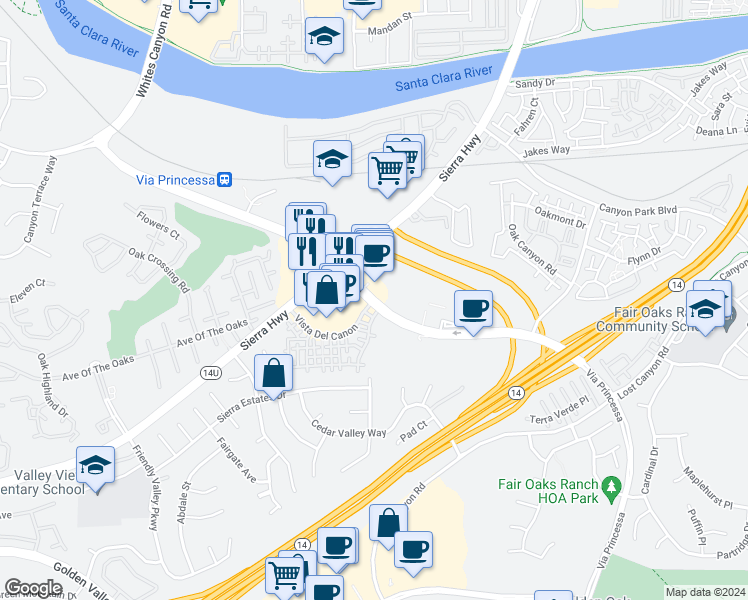 map of restaurants, bars, coffee shops, grocery stores, and more near Vía Princessa & Vista Del Canon in Santa Clarita