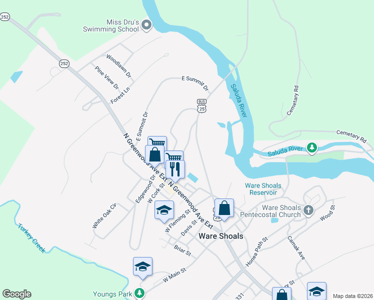 map of restaurants, bars, coffee shops, grocery stores, and more near 60 East Cork Street in Ware Shoals