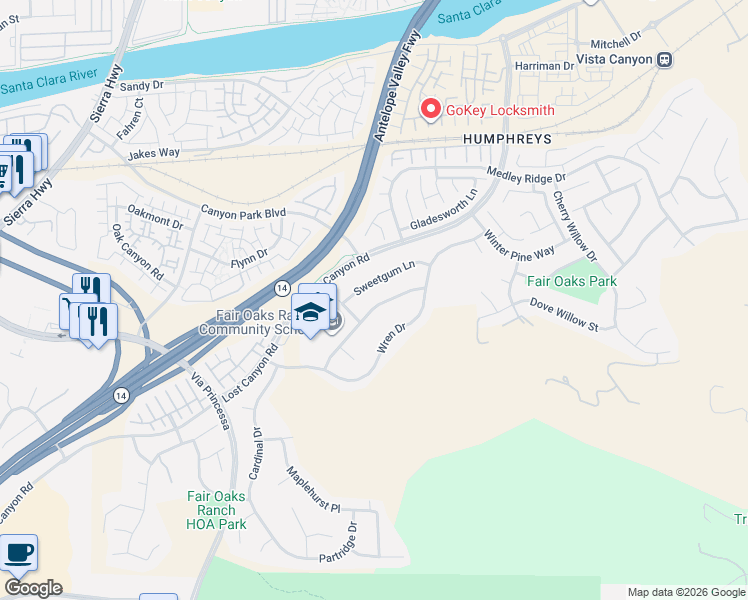 map of restaurants, bars, coffee shops, grocery stores, and more near 17765 Cape Jasmine Road in Santa Clarita